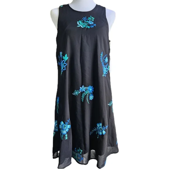 Calvin Klein Embroidered Floral Chiffon A-Line Mini Dress Women's 4 Black Sheer